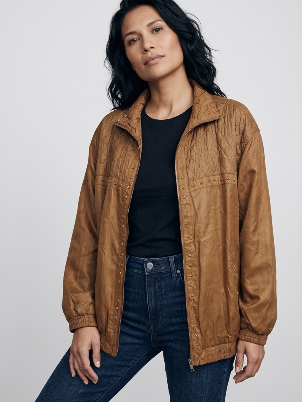 Atlantic Beach Silk Women's Brown Zip-Front Jacket with Stud Detail